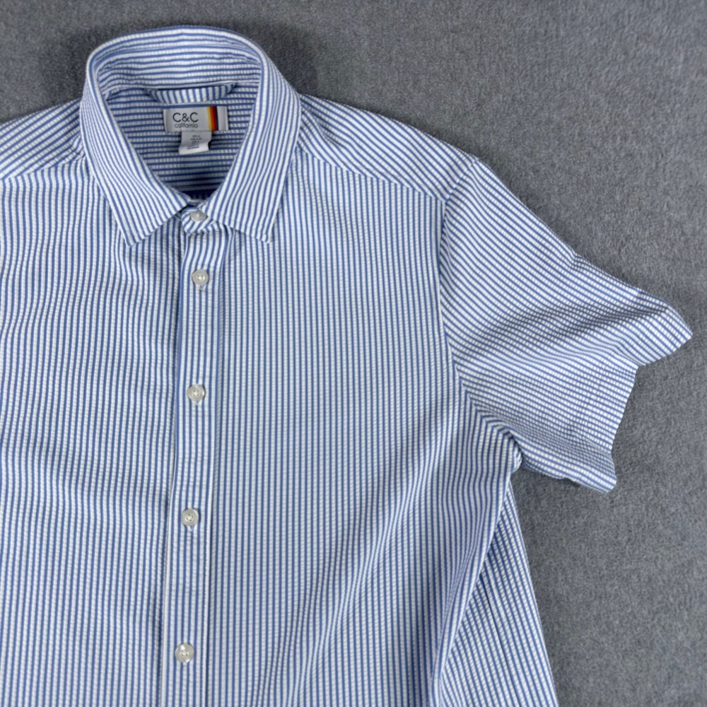 C&C California Blue & White Striped Seersucker Button Up Shirt Mens L